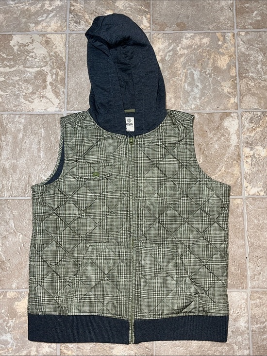 Ruff Hewn Jackets & Blazers - Ruff Hewn Olive Plaid Quilted Vest with Dark Gray  Hood